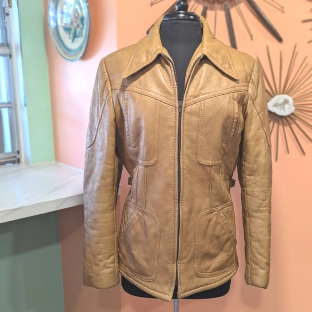 Vintage Tan Leather Zip Front Jacket - Picture 5 of 15